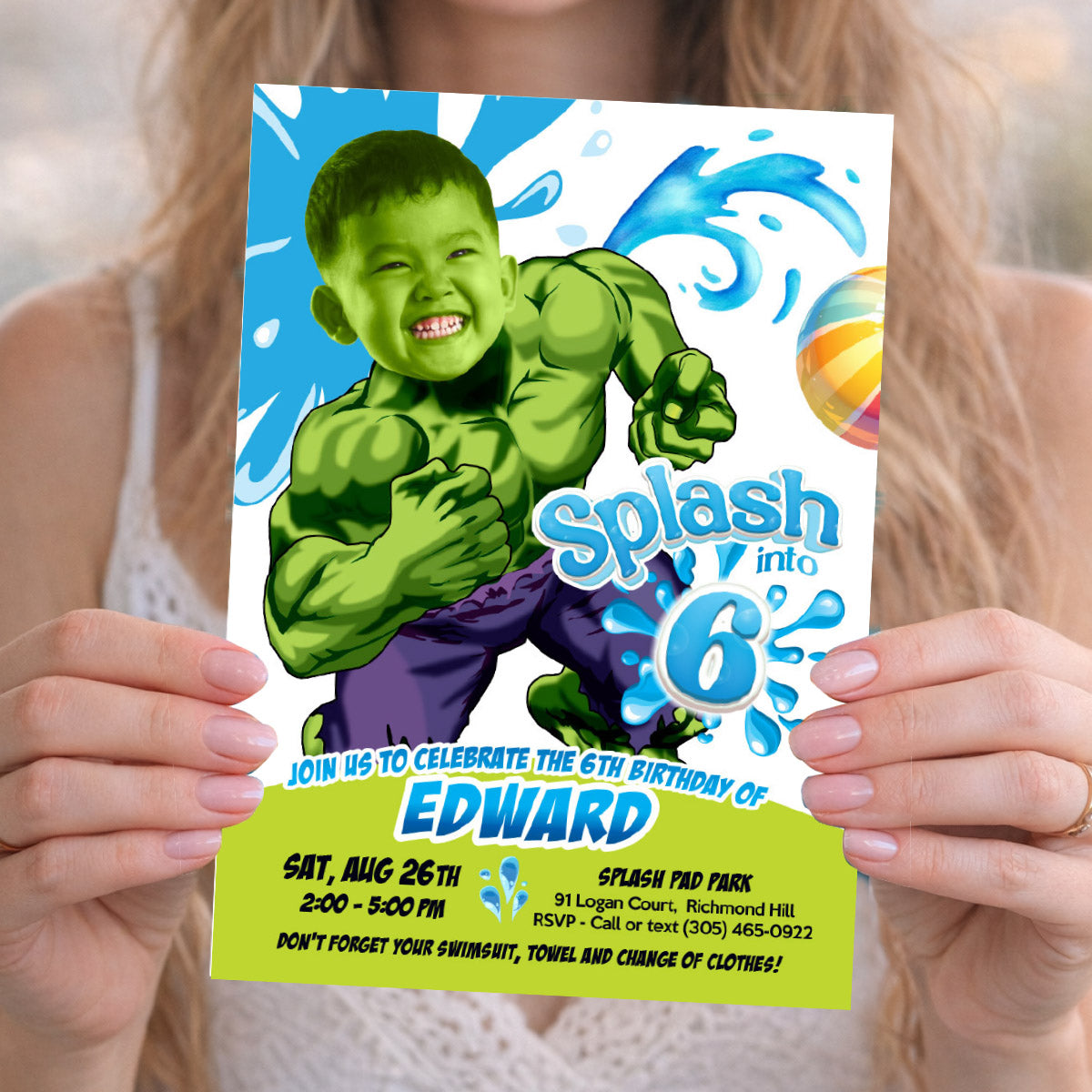 Hulk Splash Birthday Party Invitation featuring kid as favorite Superhero. 2467