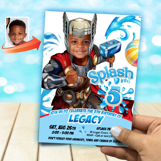 Thor Splash Birthday Party Invitation featuring kid as favorite Avenger. 2468
