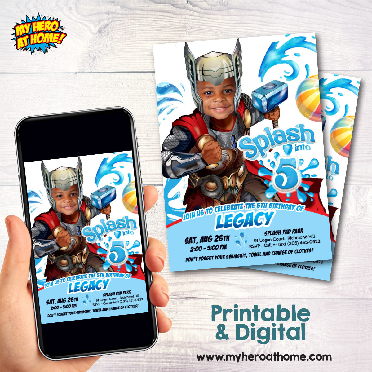 Thor Splash Birthday Party Invitation featuring kid as favorite Avenger. 2468
