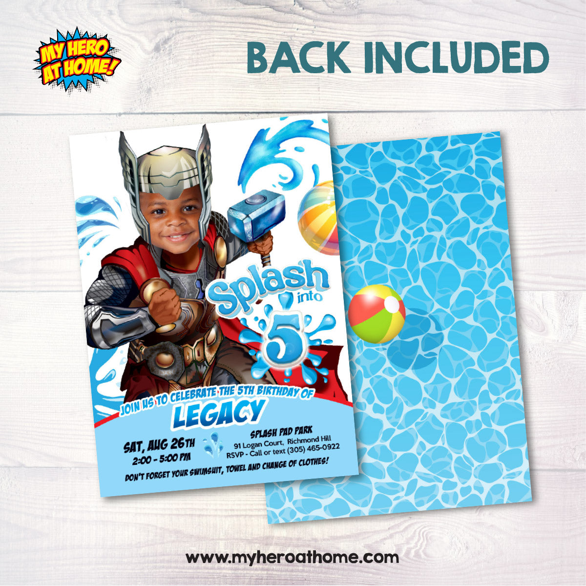 Thor Splash Birthday Party Invitation featuring kid as favorite Avenger. 2468