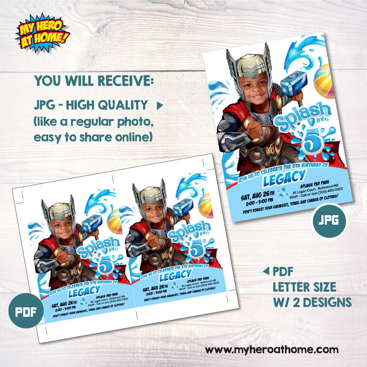 Thor Splash Birthday Party Invitation featuring kid as favorite Avenger. 2468