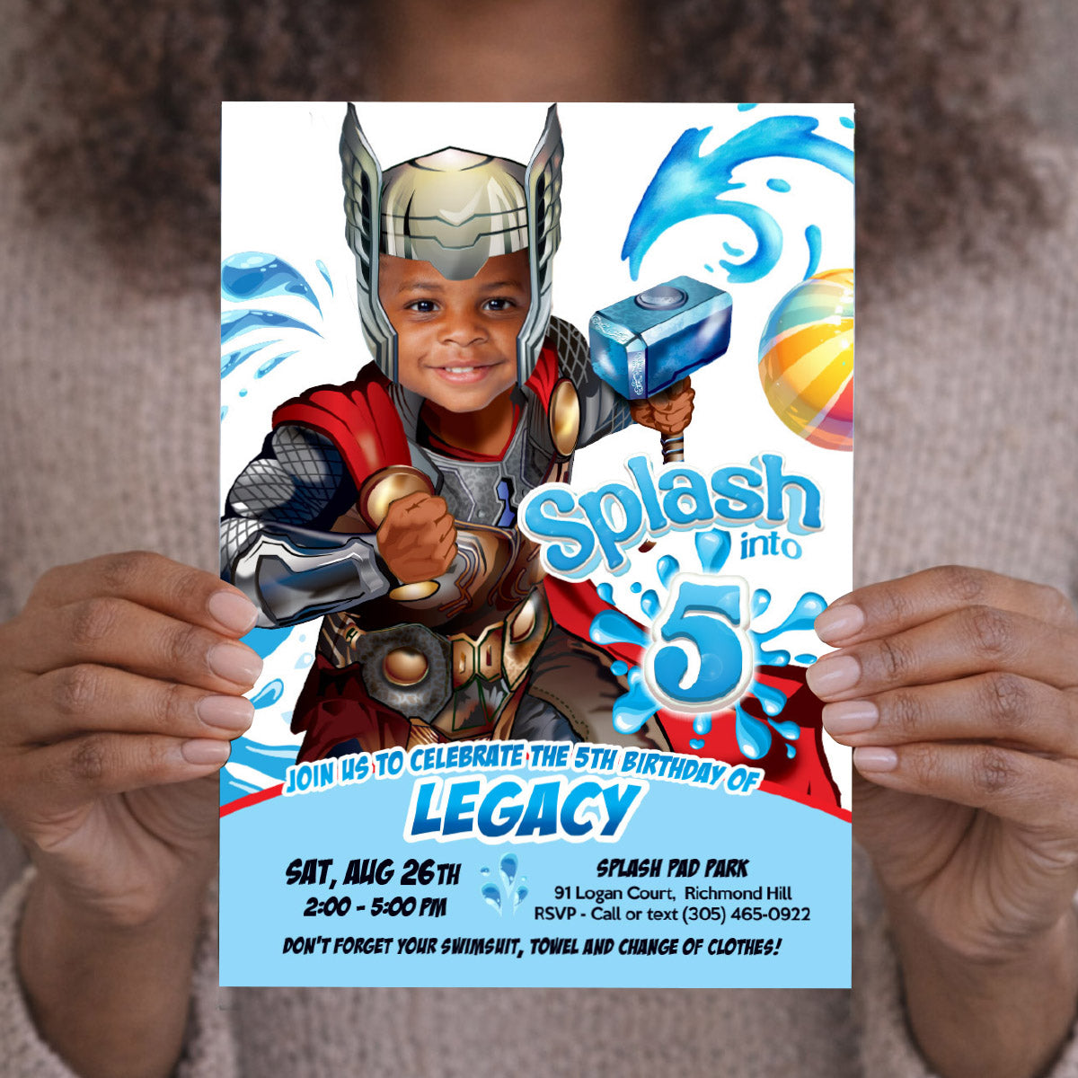 Thor Splash Birthday Party Invitation featuring kid as favorite Avenger. 2468