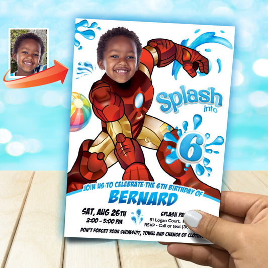 Custom Ironman Splash Pad Party Invitation featuring Birthday kid as the star. 2469B