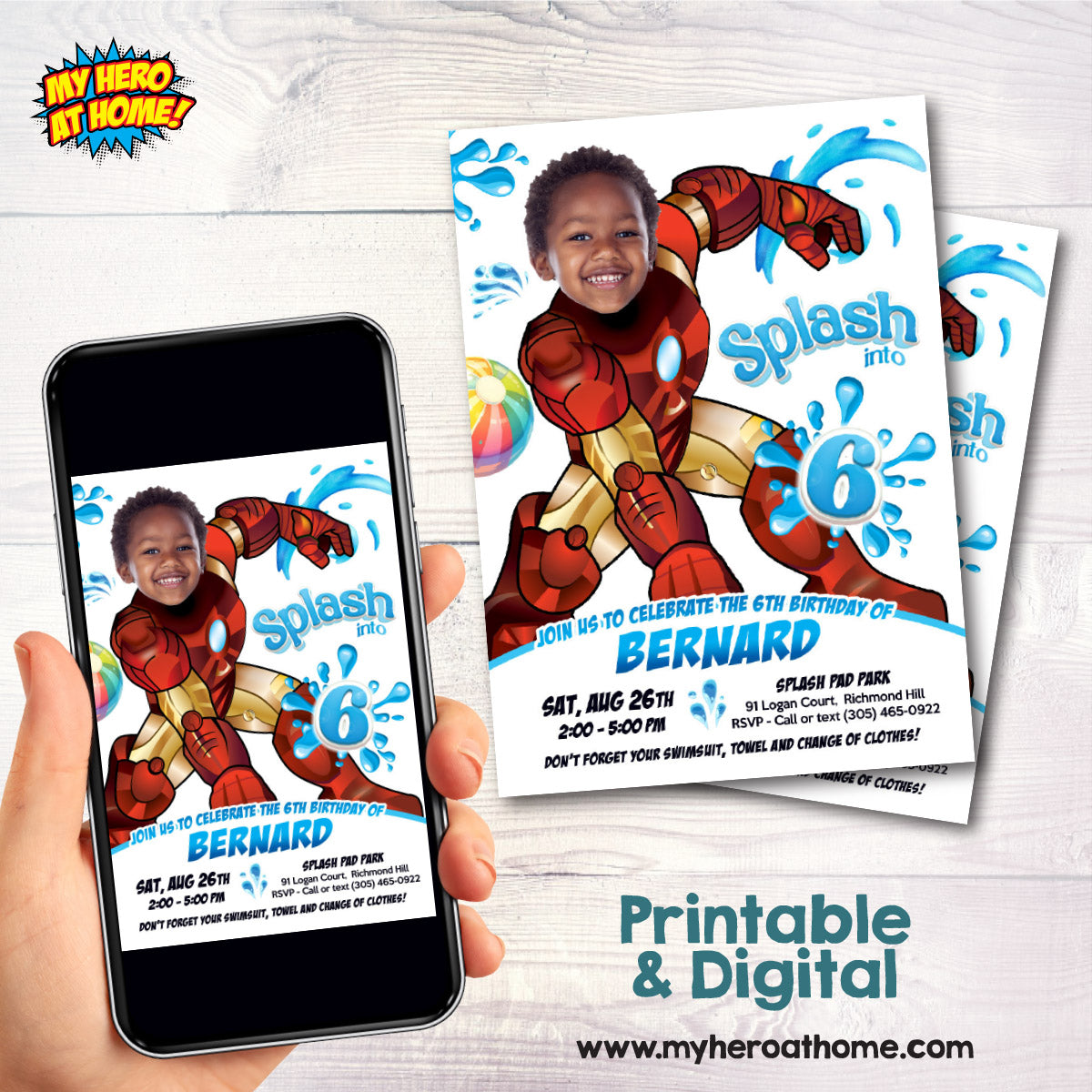 Custom Ironman Splash Pad Party Invitation featuring Birthday kid as the star. 2469B