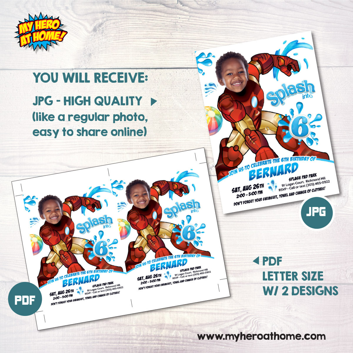 Custom Ironman Splash Pad Party Invitation featuring Birthday kid as the star. 2469B