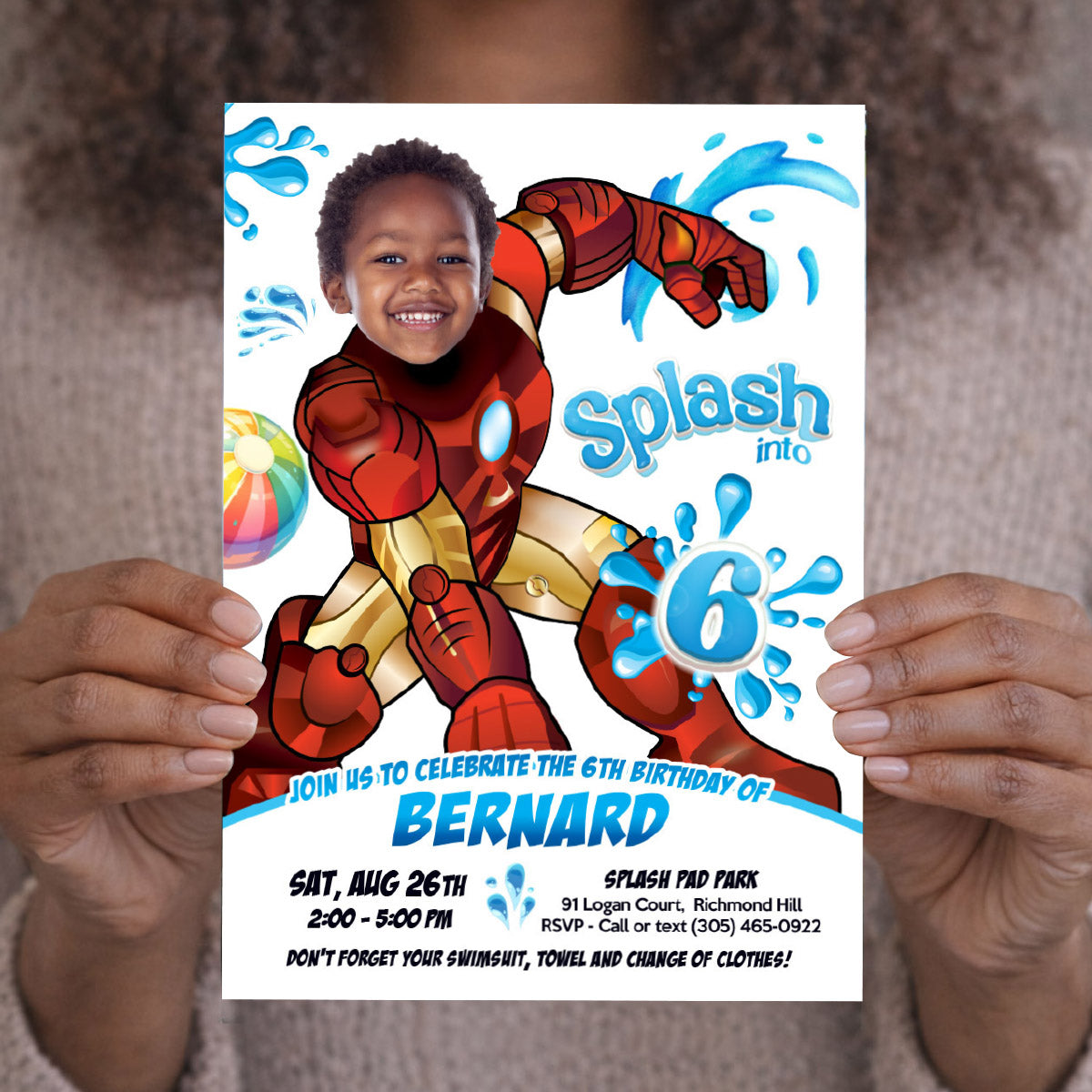 Custom Ironman Splash Pad Party Invitation featuring Birthday kid as the star. 2469B