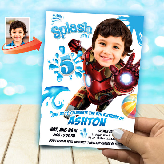 Ironman Splash Birthday Party Invitation featuring kid as favorite Avenger. 2469