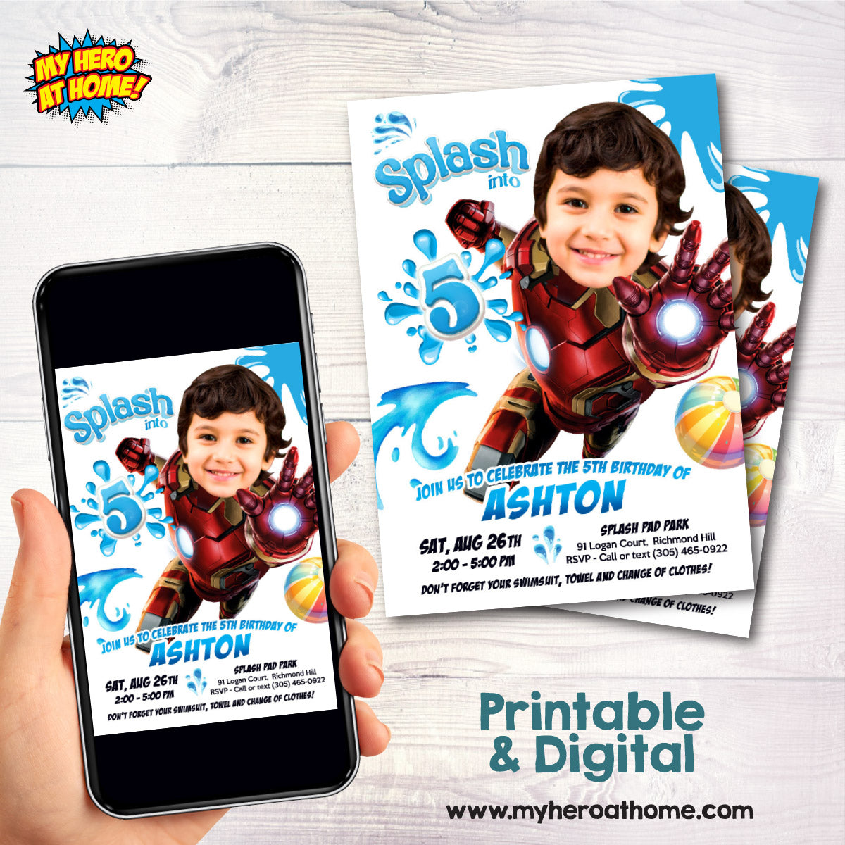 Ironman Splash Birthday Party Invitation featuring kid as favorite Avenger. 2469