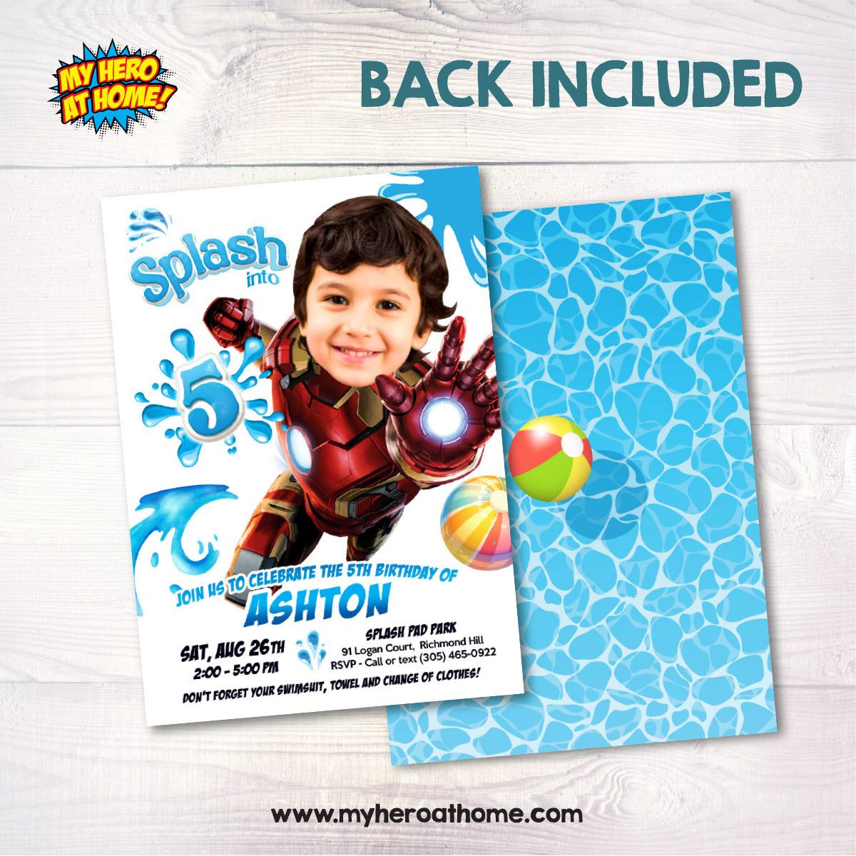 Ironman Splash Birthday Party Invitation featuring kid as favorite Avenger. 2469