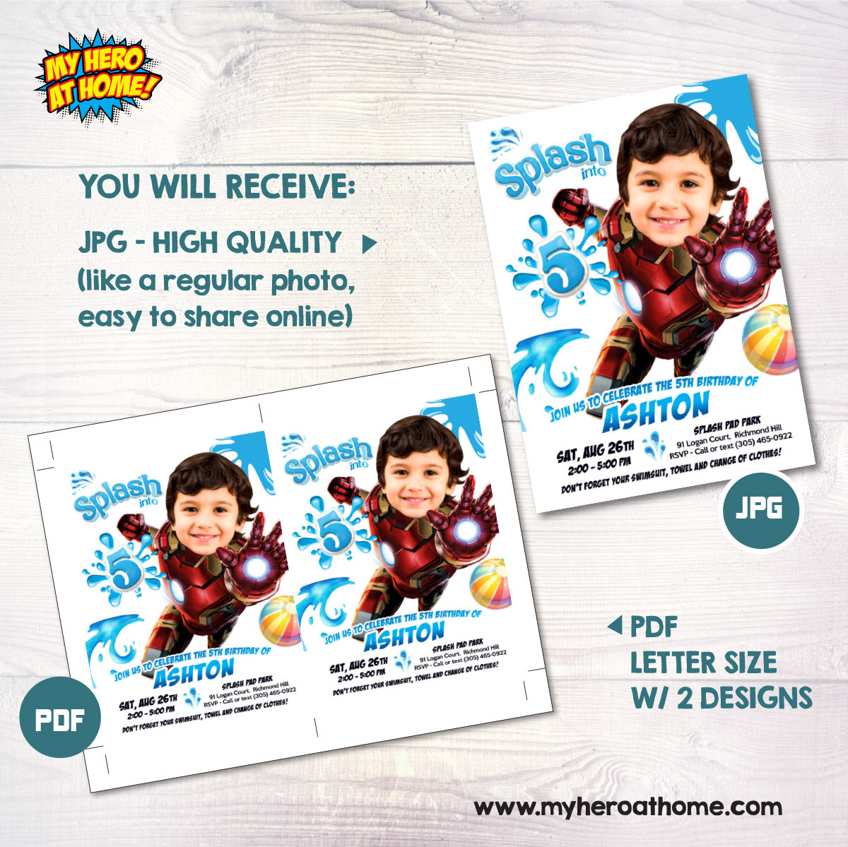 Ironman Splash Birthday Party Invitation featuring kid as favorite Avenger. 2469
