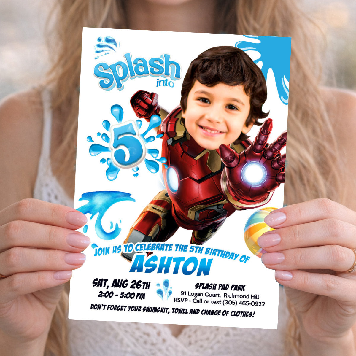 Ironman Splash Birthday Party Invitation featuring kid as favorite Avenger. 2469