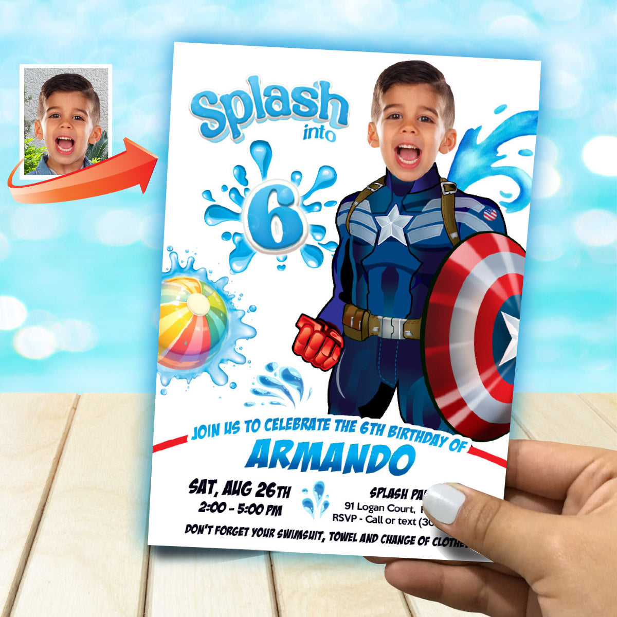 Captain America Splash Pad Party Invitation featuring kid as the star. 2470