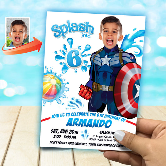 Captain America Splash Pad Party Invitation featuring kid as the star. 2470