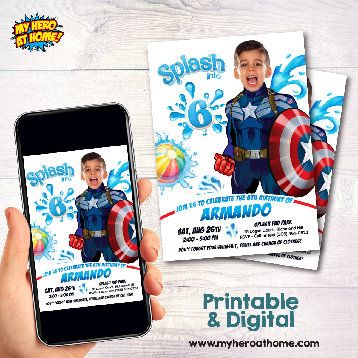 Captain America Splash Pad Party Invitation featuring kid as the star. 2470