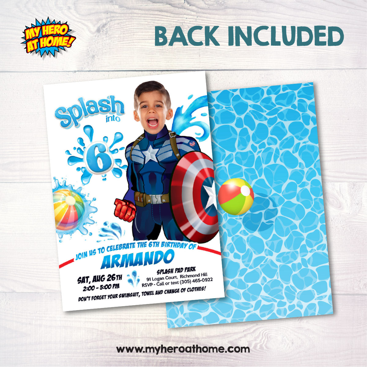 Captain America Splash Pad Party Invitation featuring kid as the star. 2470