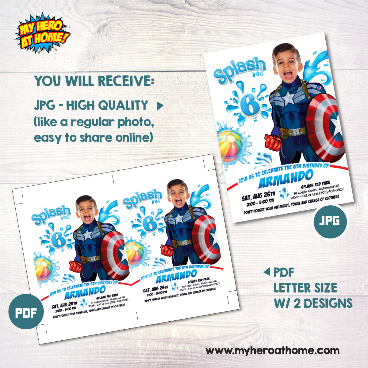 Captain America Splash Pad Party Invitation featuring kid as the star. 2470