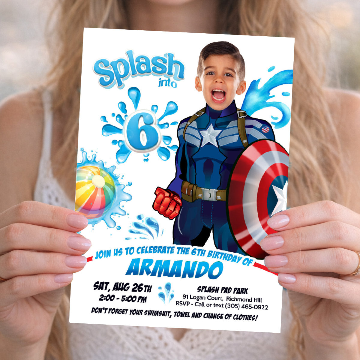 Captain America Splash Pad Party Invitation featuring kid as the star. 2470