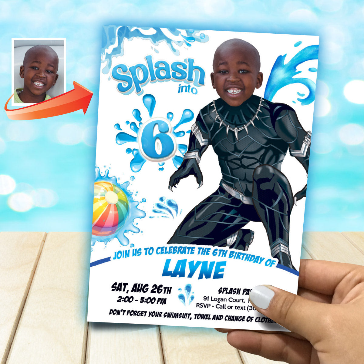 Black Panther Splash Pad Party Invitation featuring kid as the star. 2471
