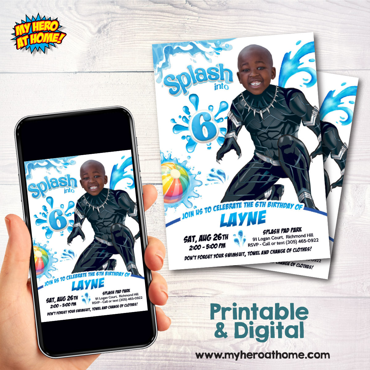 Black Panther Splash Pad Party Invitation featuring kid as the star. 2471