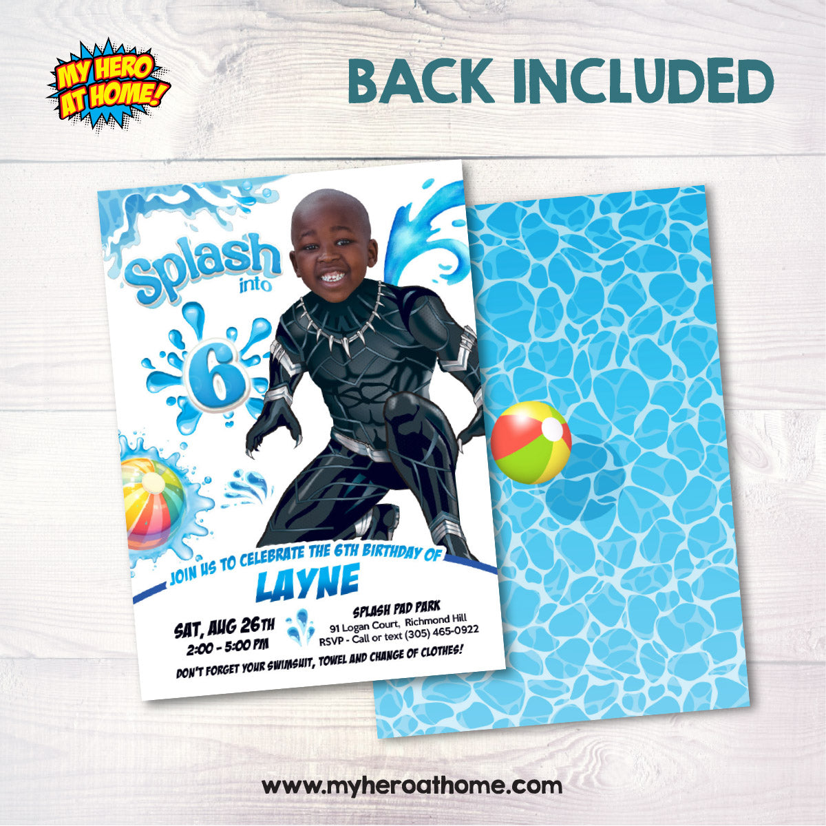 Black Panther Splash Pad Party Invitation featuring kid as the star. 2471