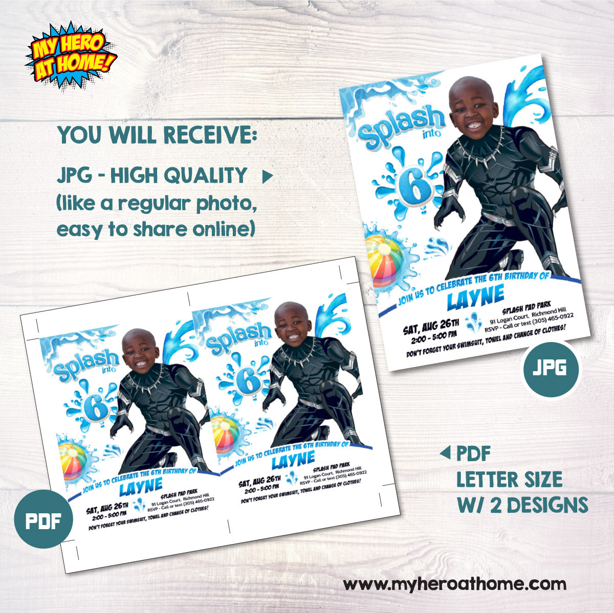 Black Panther Splash Pad Party Invitation featuring kid as the star. 2471