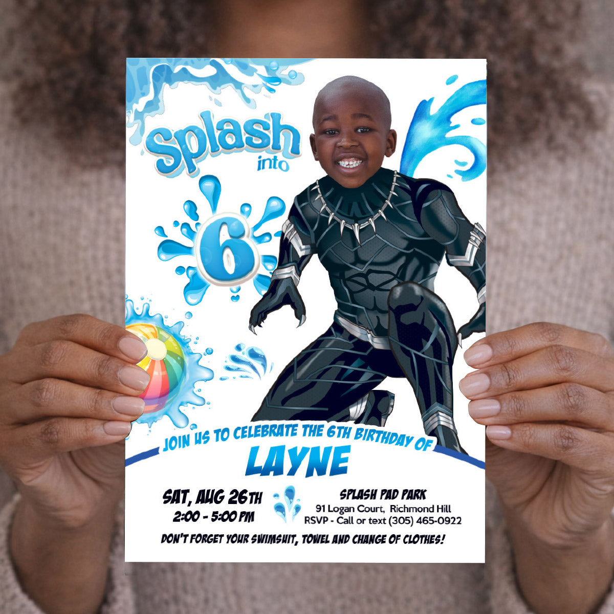 Black Panther Splash Pad Party Invitation featuring kid as the star. 2471