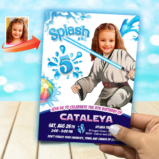 Jedi Girl Star Wars Splash Pad Party Invitation with girl as the star. 2472B