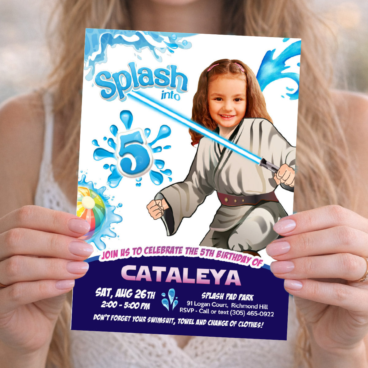 Jedi Girl Star Wars Splash Pad Party Invitation with girl as the star. 2472B