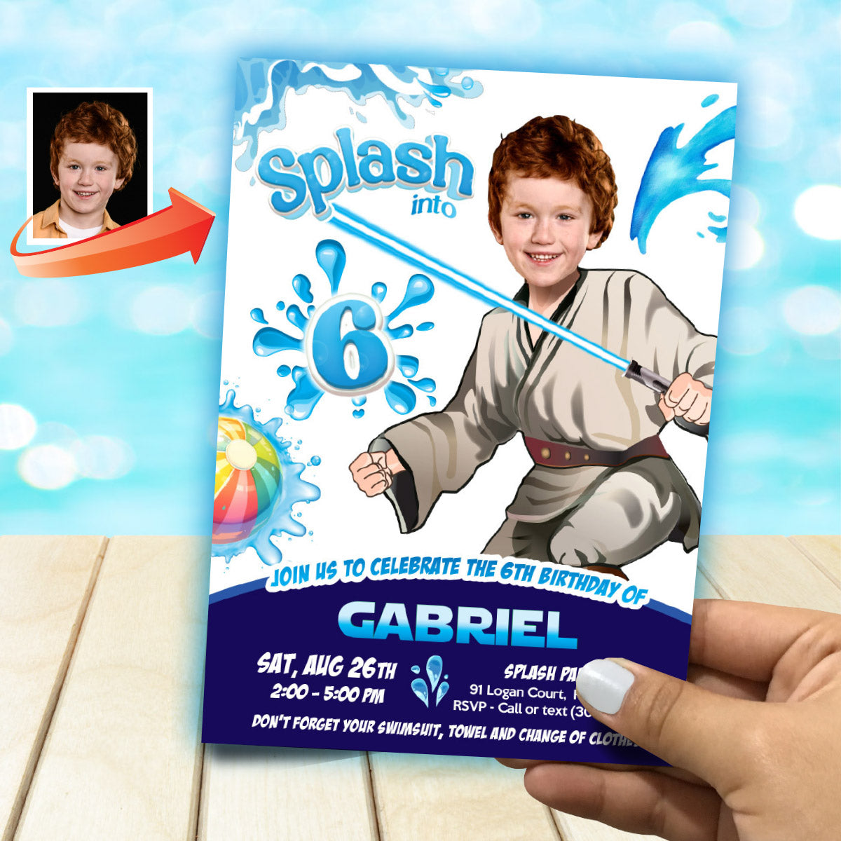 Star Wars Jedi Splash Pad Party Invitation featuring kid as the star. 2472