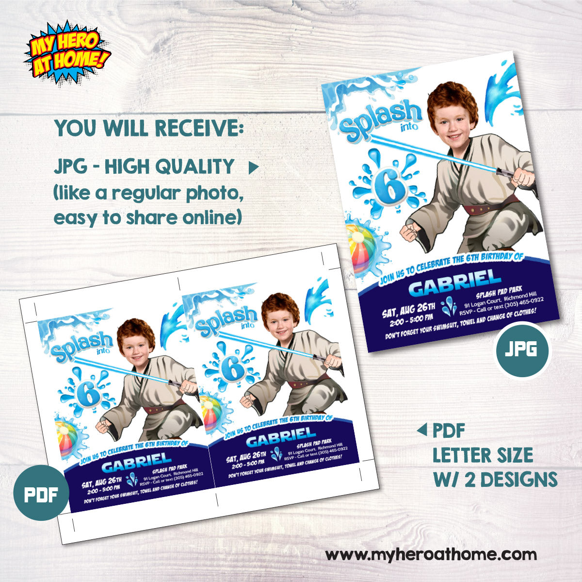 Star Wars Jedi Splash Pad Party Invitation featuring kid as the star. 2472
