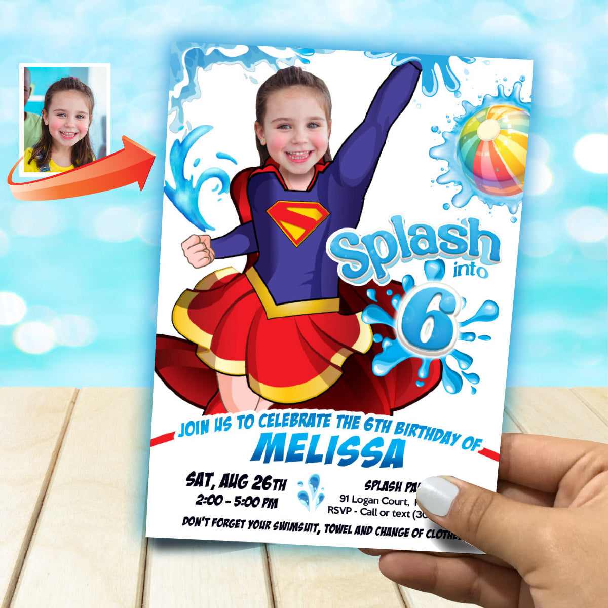 Supergirl Splash Pad Party Invitation with girl as the superhero. 2473