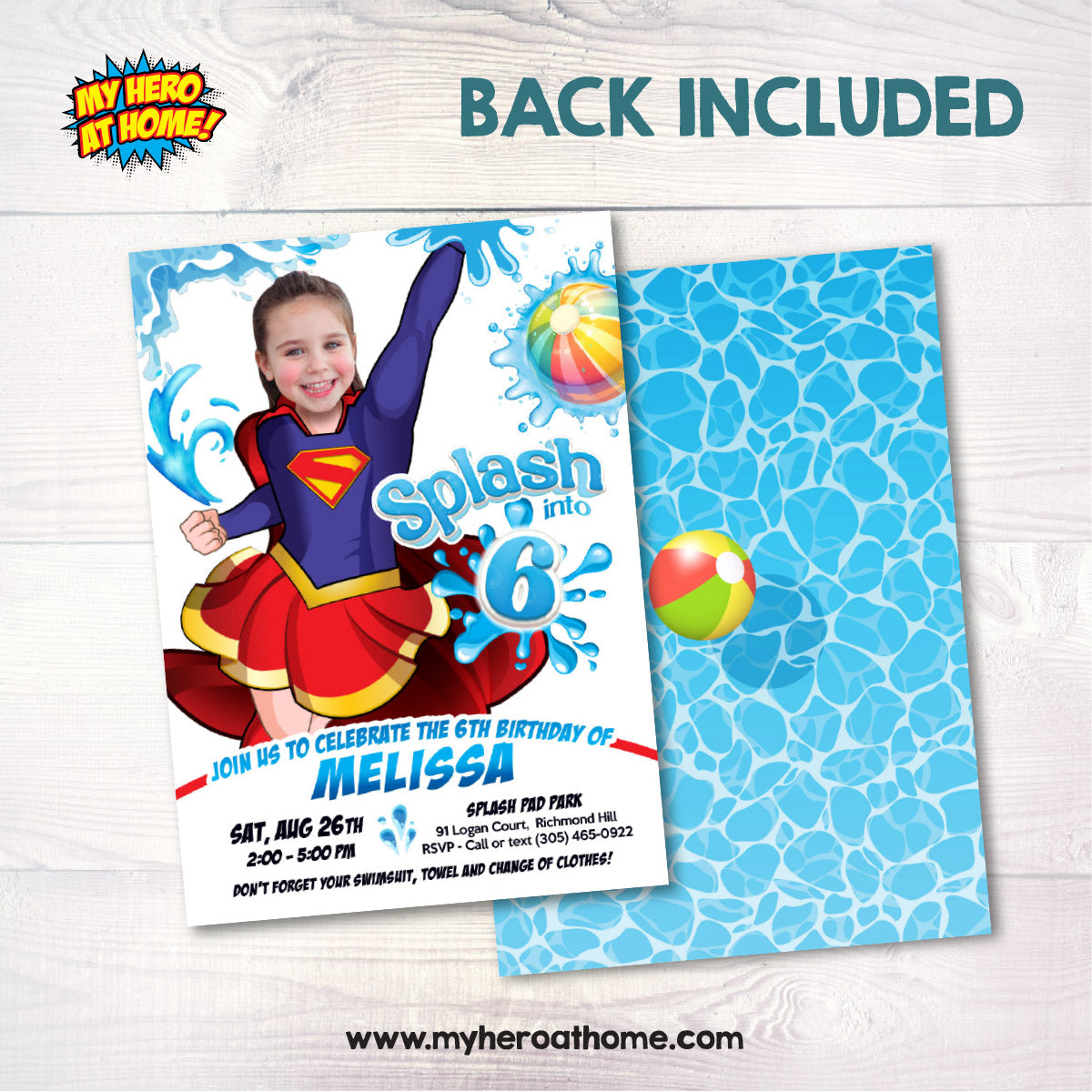 Supergirl Splash Pad Party Invitation with girl as the superhero. 2473