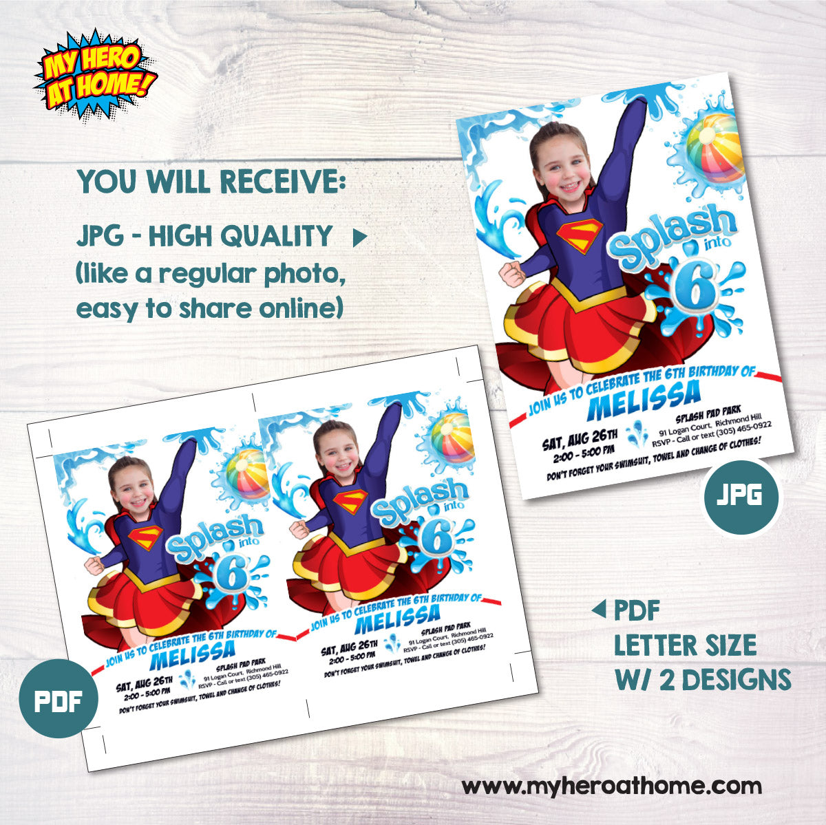 Supergirl Splash Pad Party Invitation with girl as the superhero. 2473