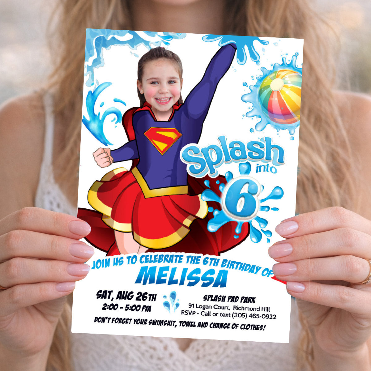 Supergirl Splash Pad Party Invitation with girl as the superhero. 2473