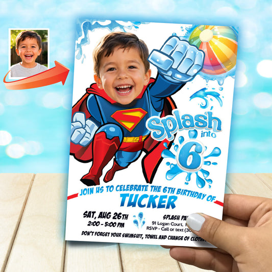 Superman Splash Pad Party Invitation with boy as the superhero. 2474