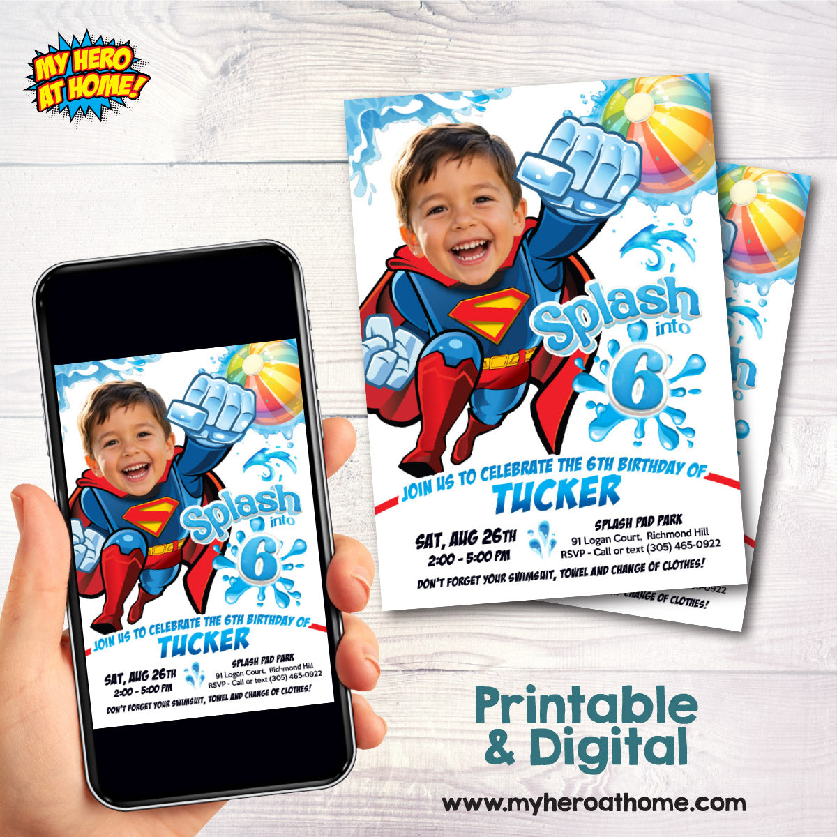 Superman Splash Pad Party Invitation with boy as the superhero. 2474