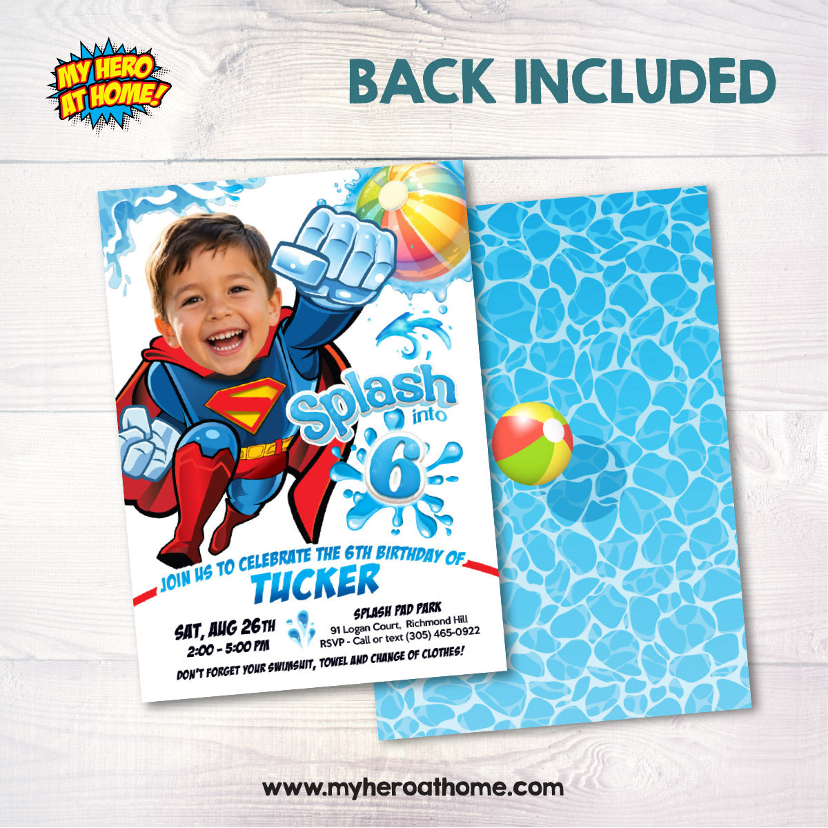 Superman Splash Pad Party Invitation with boy as the superhero. 2474