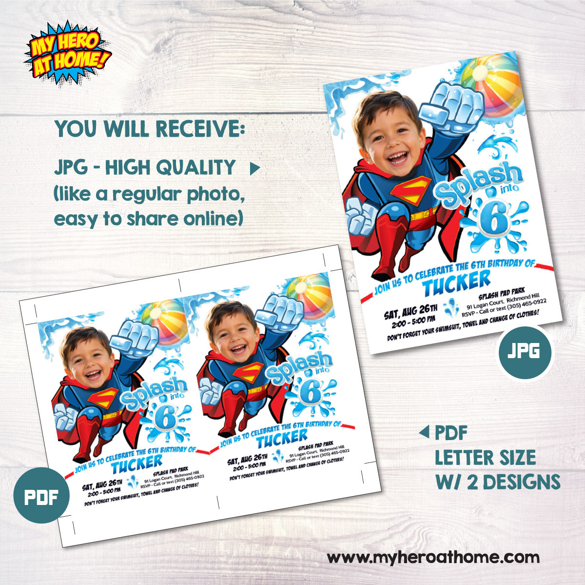 Superman Splash Pad Party Invitation with boy as the superhero. 2474