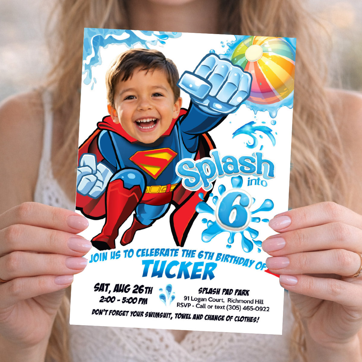 Superman Splash Pad Party Invitation with boy as the superhero. 2474