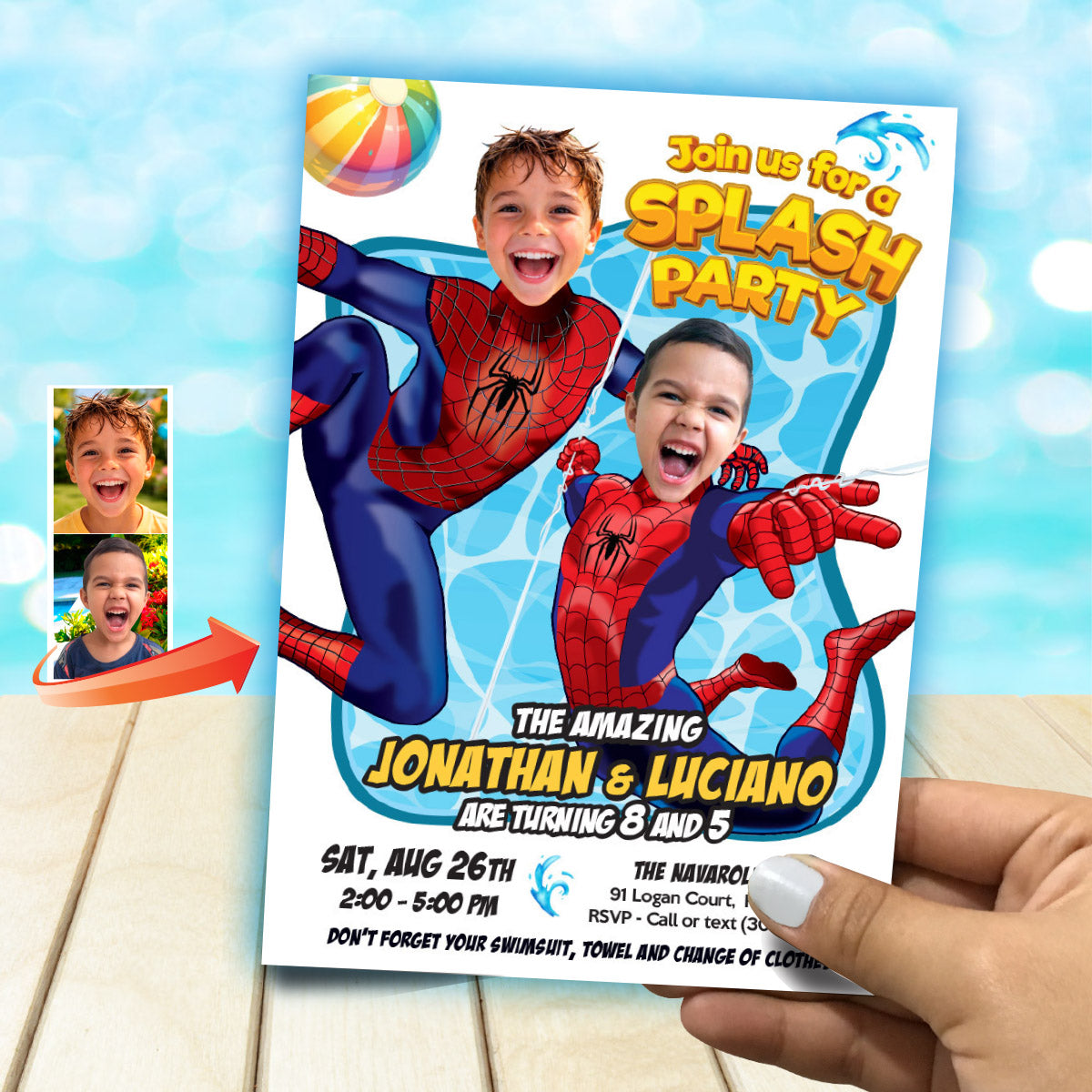Personalized Two Spiderman Siblings Splash Party Invitation with children as the Stars. 2475B