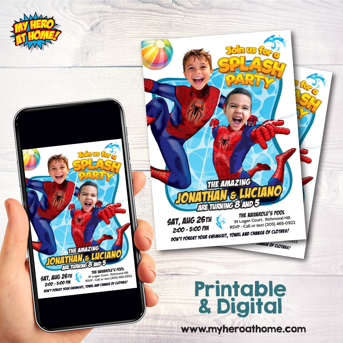 Personalized Two Spiderman Siblings Splash Party Invitation with children as the Stars. 2475B