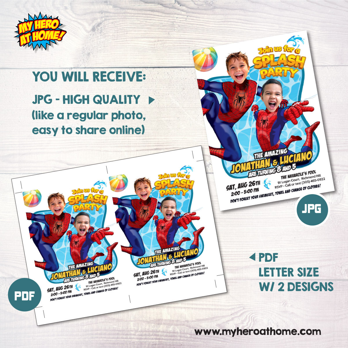 Personalized Two Spiderman Siblings Splash Party Invitation with children as the Stars. 2475B