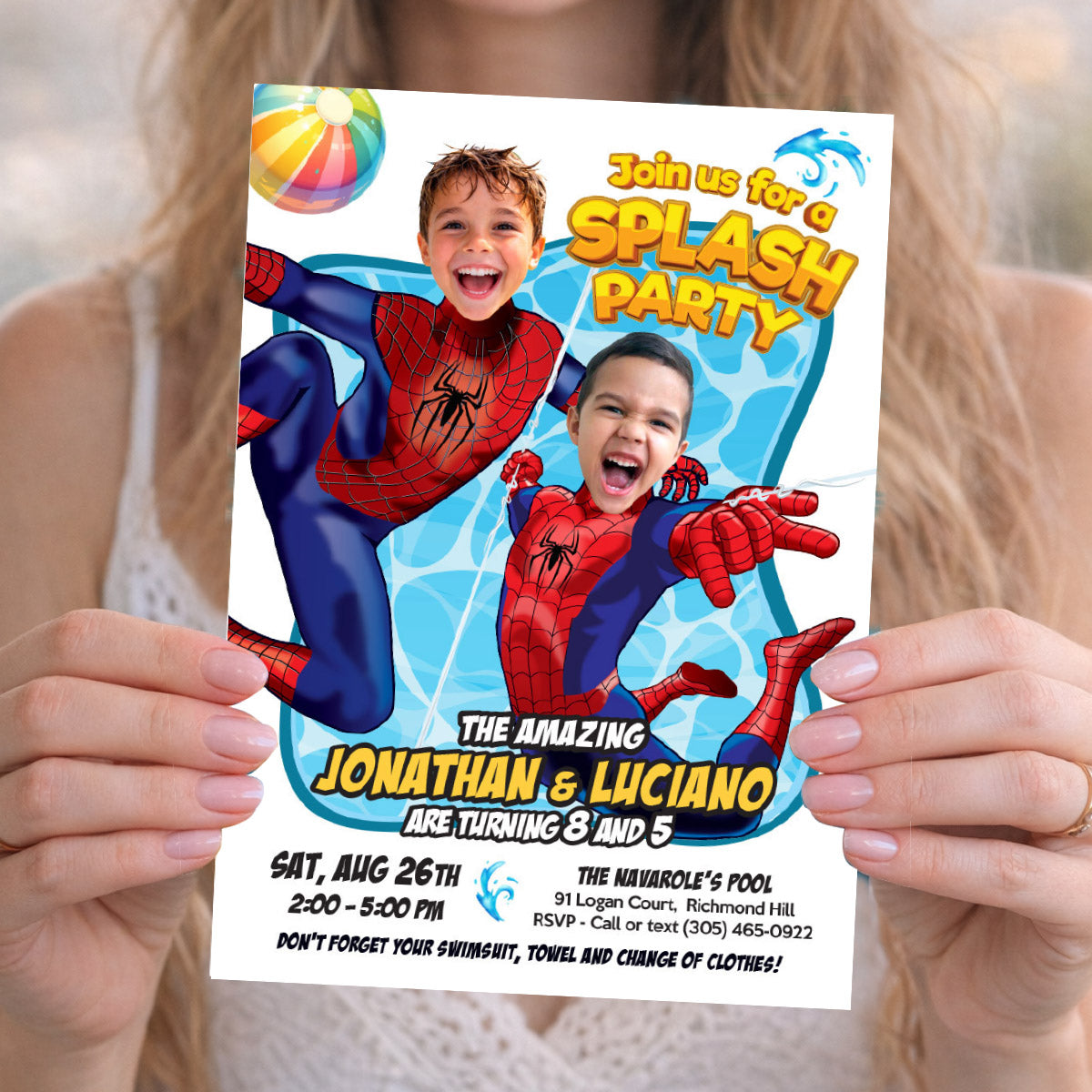 Personalized Two Spiderman Siblings Splash Party Invitation with children as the Stars. 2475B