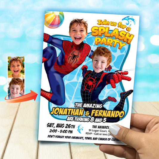 Joint Spiderverse Splash Party Invitation with children as Miles Morales and Spiderman. 2475C