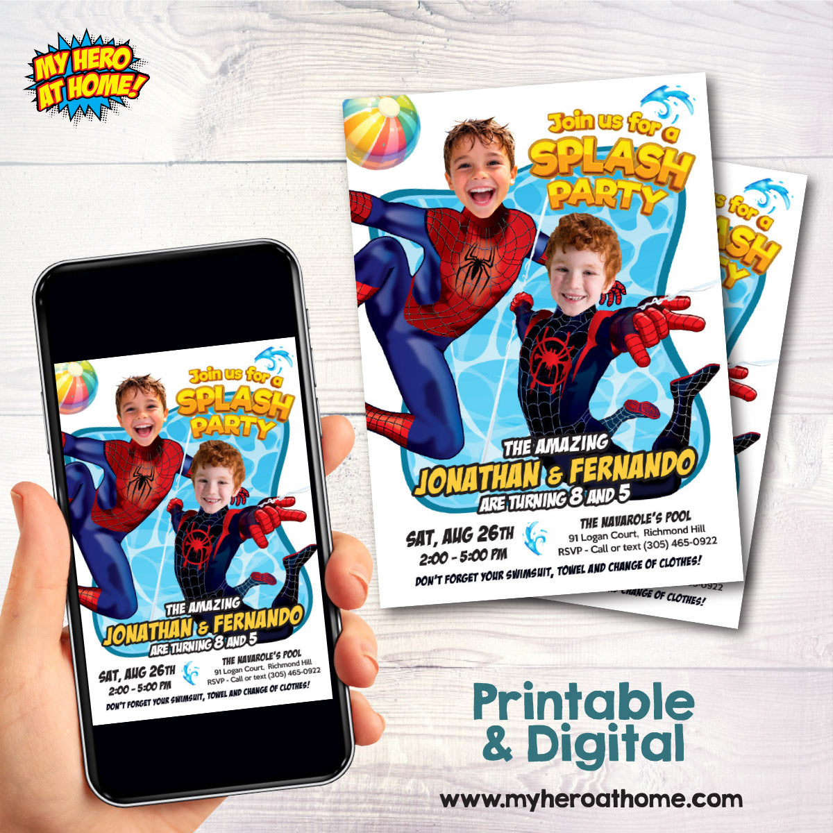 Joint Spiderverse Splash Party Invitation with children as Miles Morales and Spiderman. 2475C