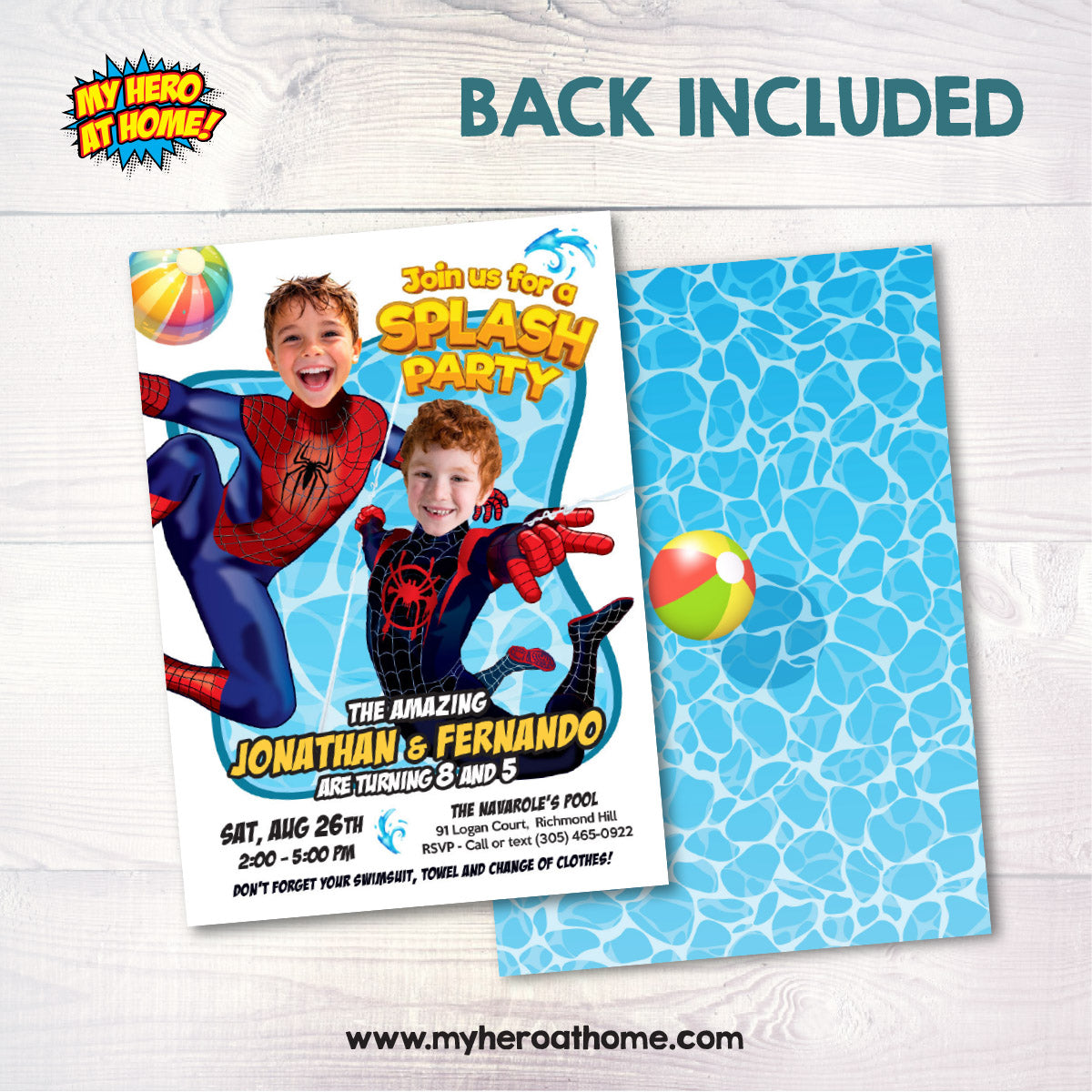 Joint Spiderverse Splash Party Invitation with children as Miles Morales and Spiderman. 2475C