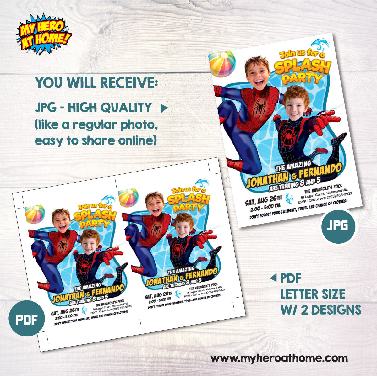 Joint Spiderverse Splash Party Invitation with children as Miles Morales and Spiderman. 2475C