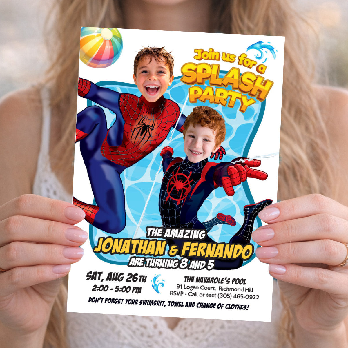 Joint Spiderverse Splash Party Invitation with children as Miles Morales and Spiderman. 2475C