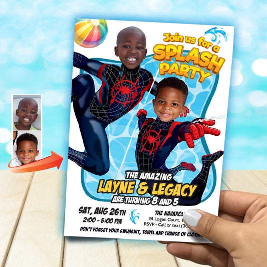 Spiderverse Siblings Splash Pad Party Invitation with children as Miles Morales. 2475D