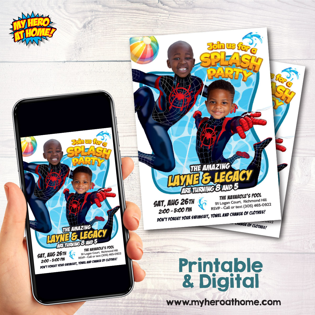 Spiderverse Siblings Splash Pad Party Invitation with children as Miles Morales. 2475D